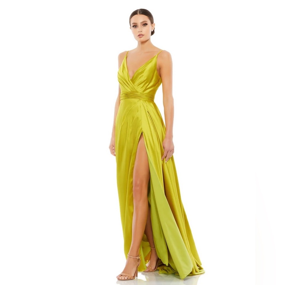 Mac Duggal 12443 Chartreuse Evening Gown with Slit